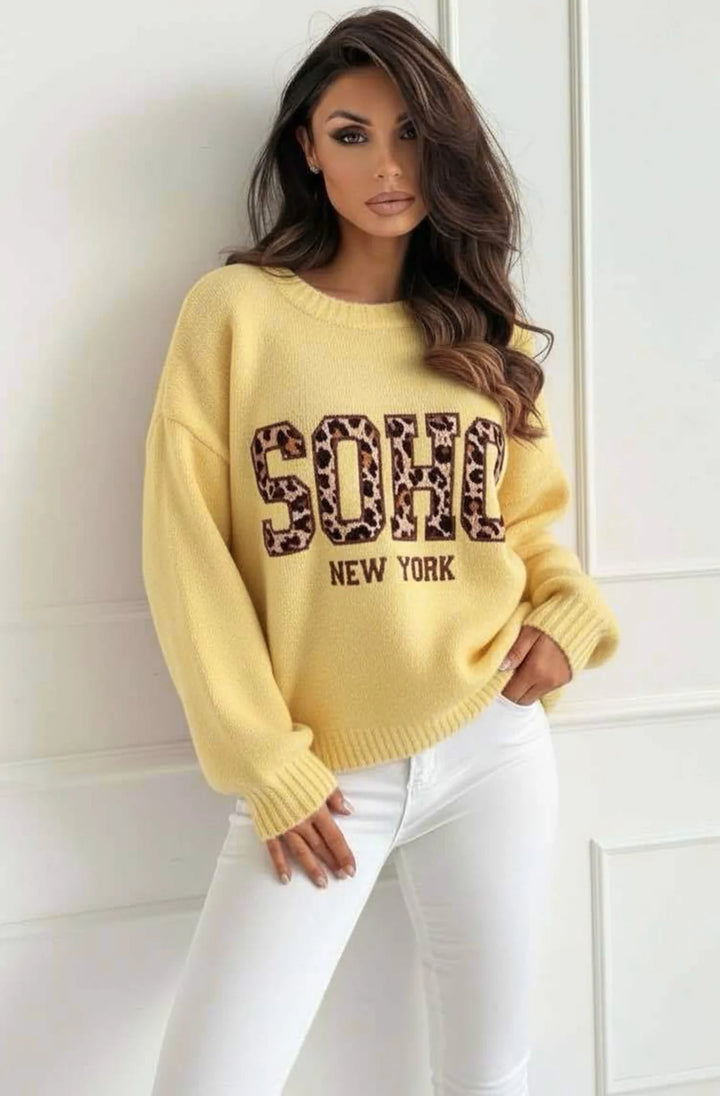 Nixi “Soho NY” Animal Graphic Knit Sweater Jumper-Yellow