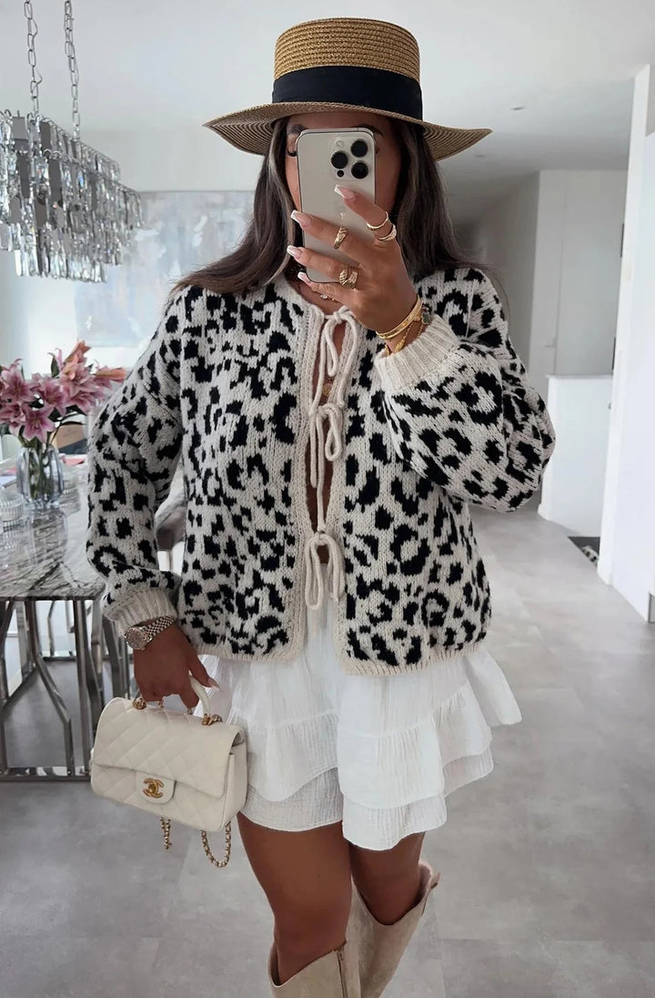 NOELLE LEOPARD TIE-UP CARDIGAN-IVORY