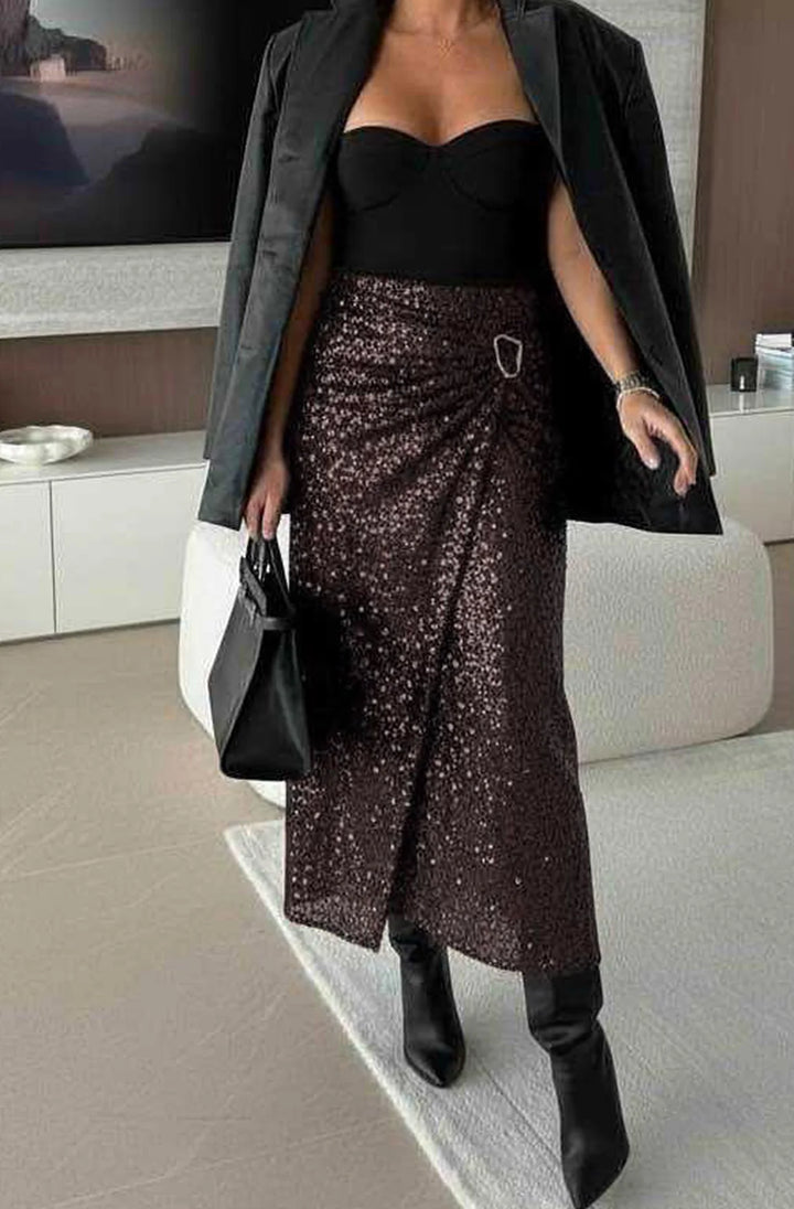 Nori Sequin Wrap Gold Buckle Midaxi Skirt-Dark Brown