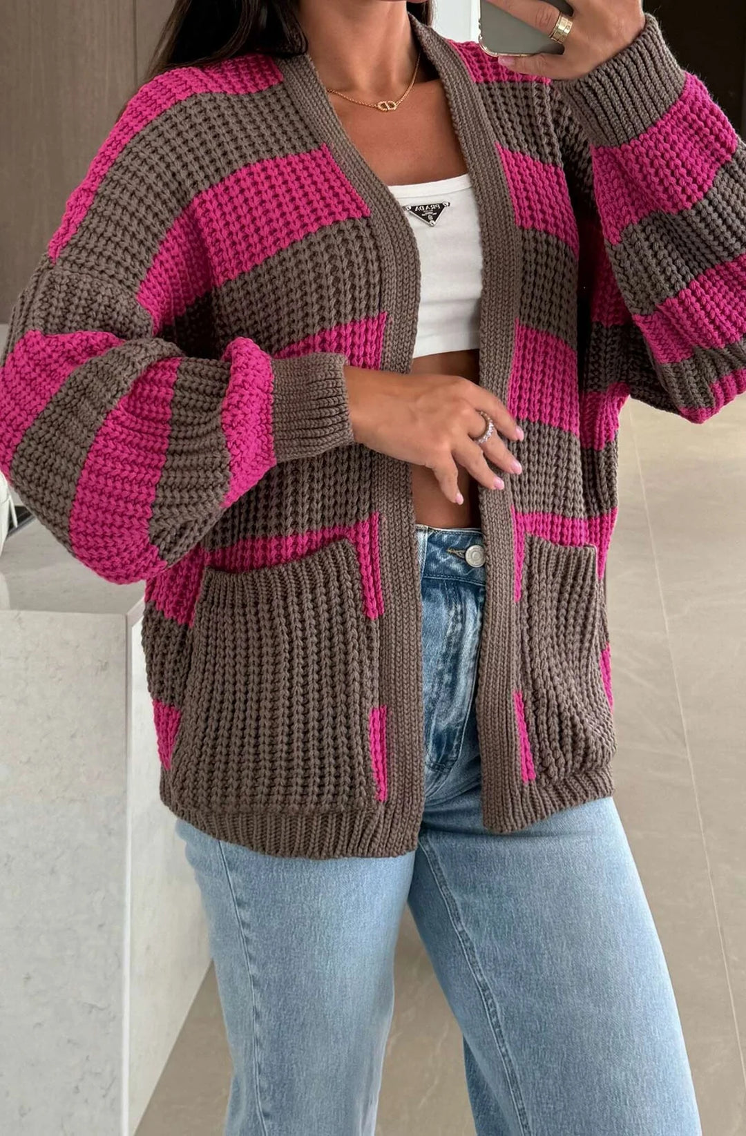 NORINA STRIPED POCKET DETAIL CARDIGAN-DARK PINK