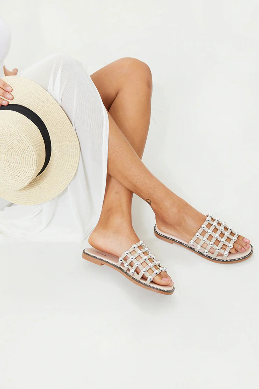 Black PU Studded Caged Slider Sandals