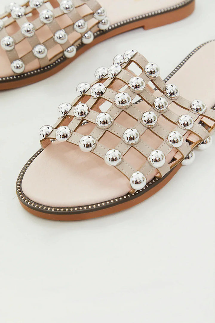 Black PU Studded Caged Slider Sandals
