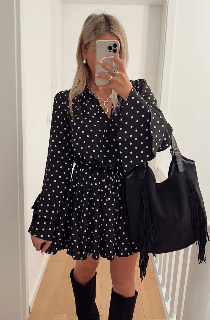 Ophilia Frill Polka Dot Mini Dress-Black