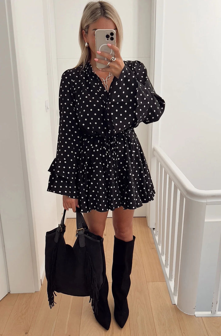 Ophilia Frill Polka Dot Mini Dress-Black