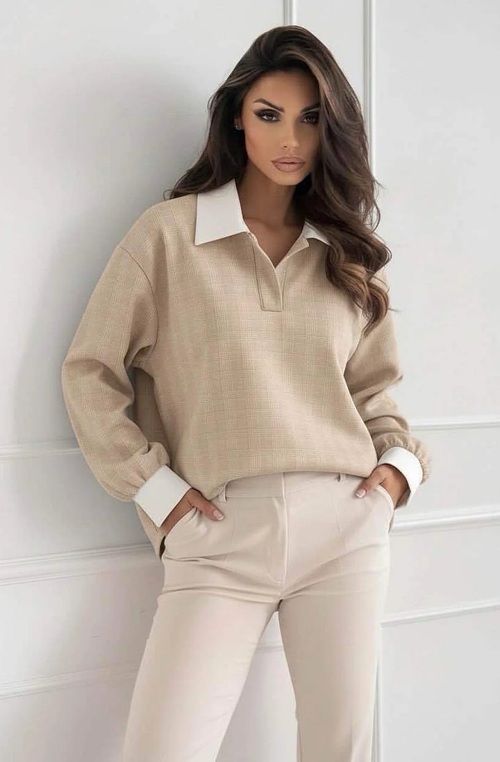 Orelia Oversized Contrast Check Blouse Top-Stone