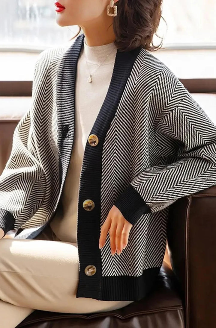 PENELOPE CONTRAST STRIPED KNITTED CARDIGAN-BLACK