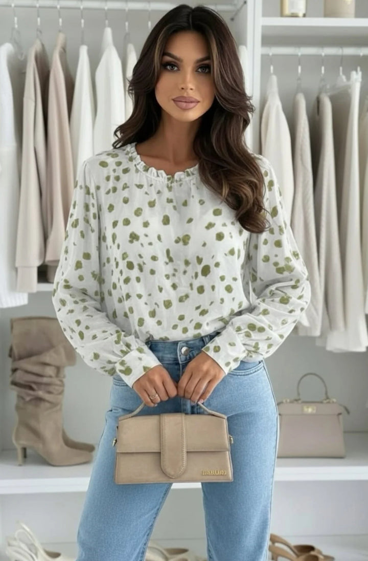 Pixie Abstract Print Frill Neck Chiffon Blouse Top-Khaki