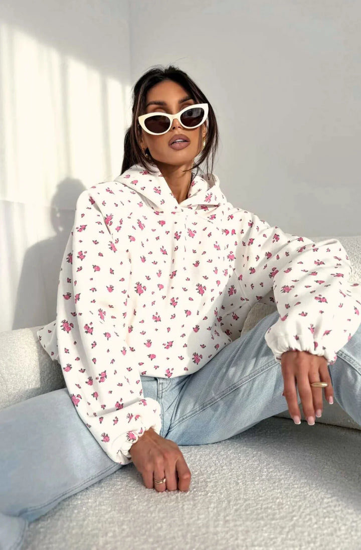 Posy Floral Print Hooded Lightweight Sweatshirt Jumper -Ivory