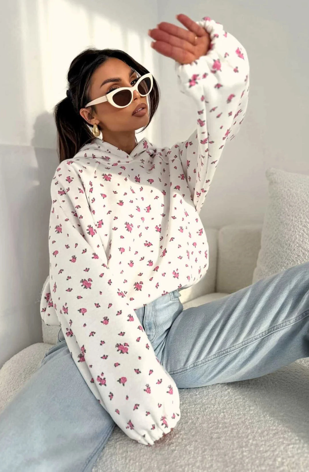 Posy Floral Print Hooded Lightweight Sweatshirt Jumper -Ivory