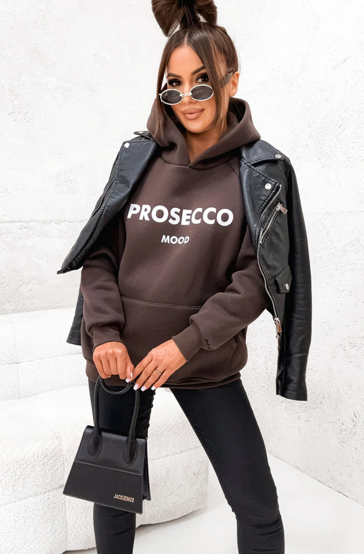 PROSECCO MOOD' OVERSIZED HOODED SWEATSHIRT TOP-BROWN
