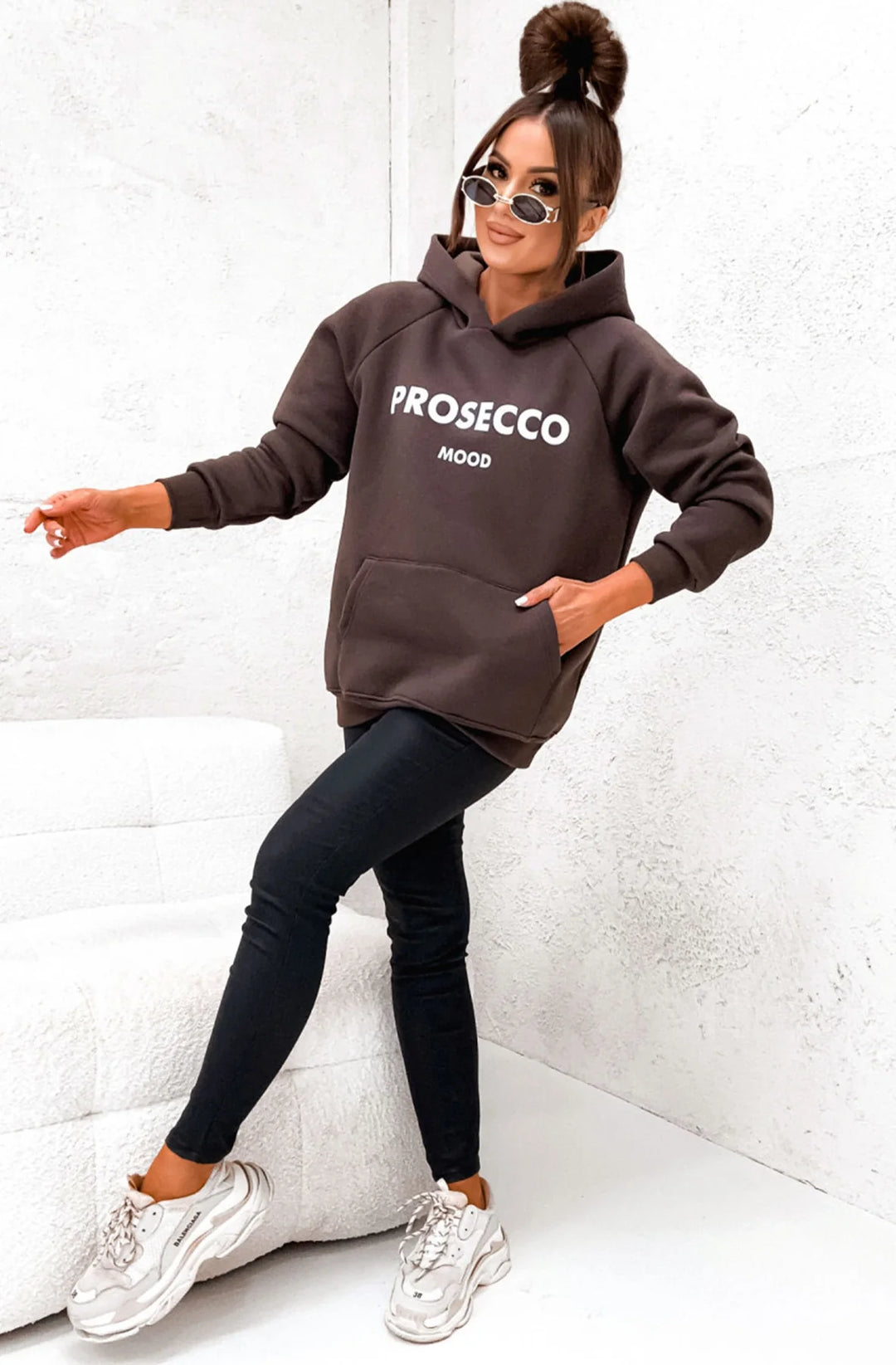 PROSECCO MOOD' OVERSIZED HOODED SWEATSHIRT TOP-BROWN