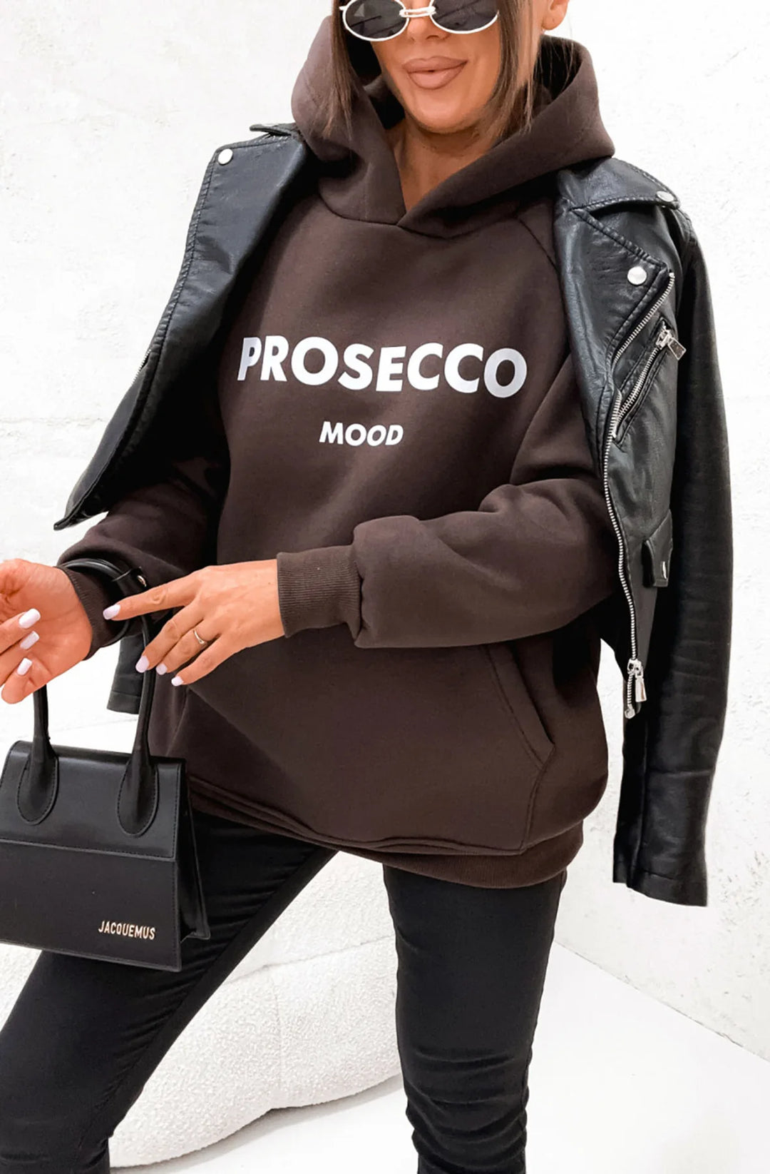 PROSECCO MOOD' OVERSIZED HOODED SWEATSHIRT TOP-BROWN