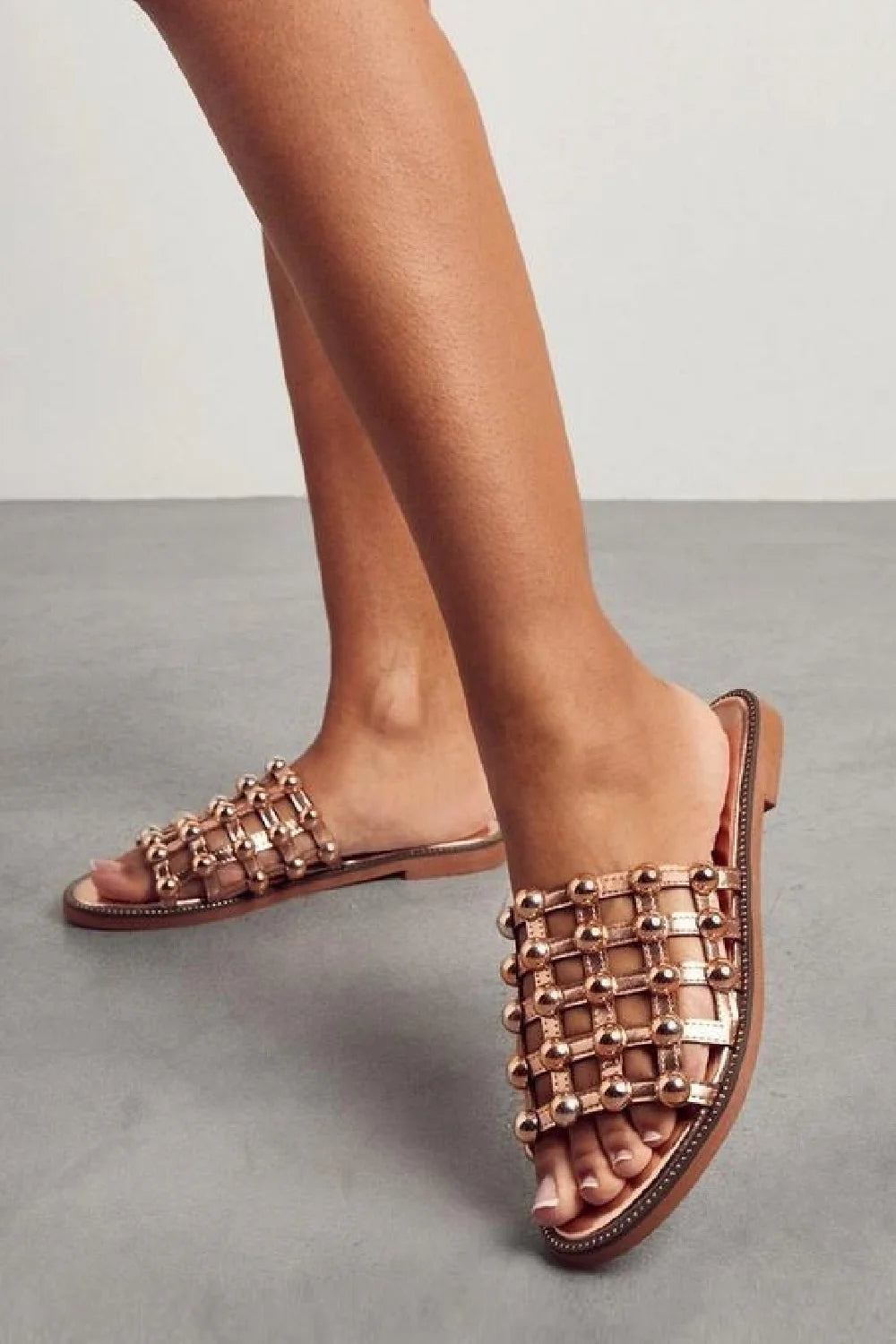 Rose gold Studded Caged Slider Sandals