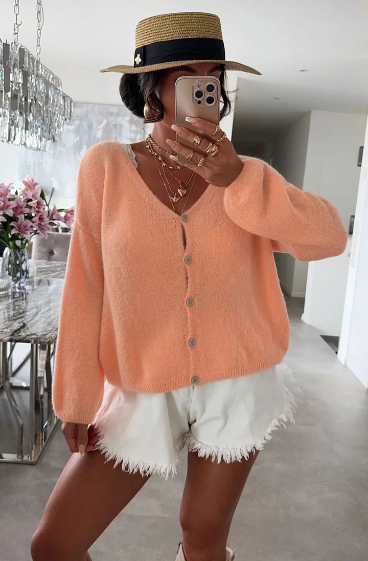 REBECCA LONG SLEEVES LIGHT KNITTED CARDIGAN-CORAL