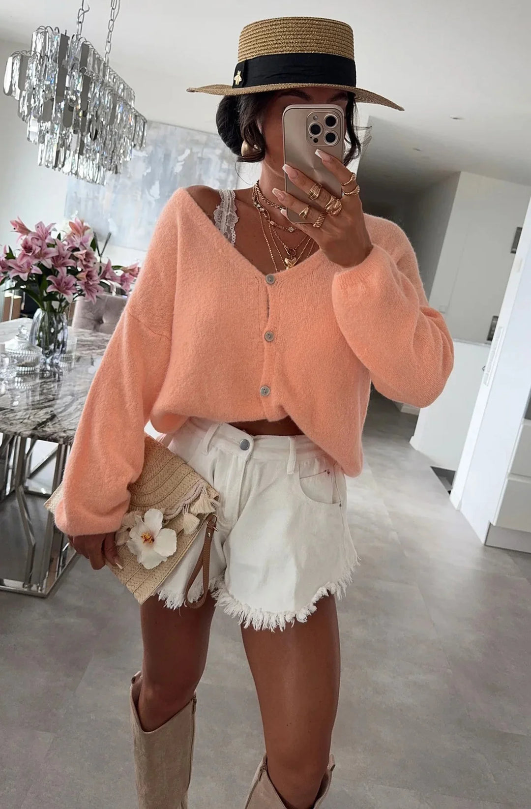 REBECCA LONG SLEEVES LIGHT KNITTED CARDIGAN-CORAL