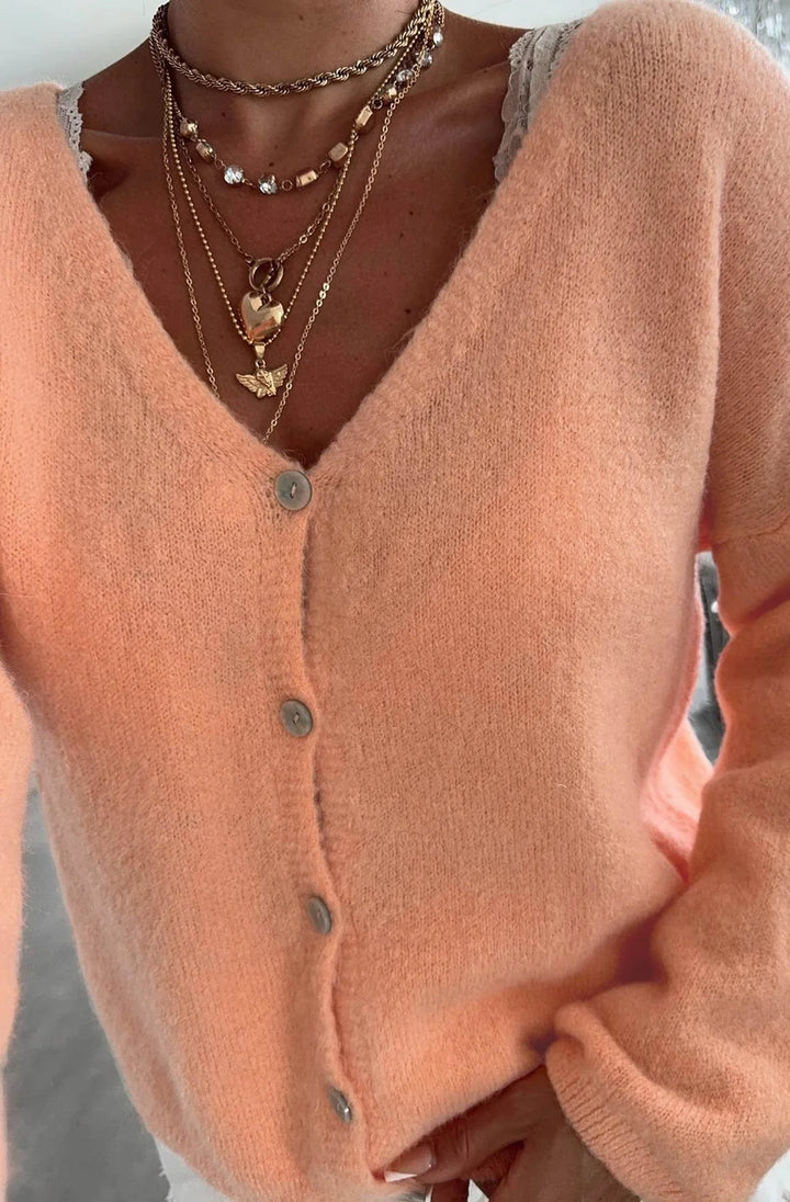 REBECCA LONG SLEEVES LIGHT KNITTED CARDIGAN-CORAL