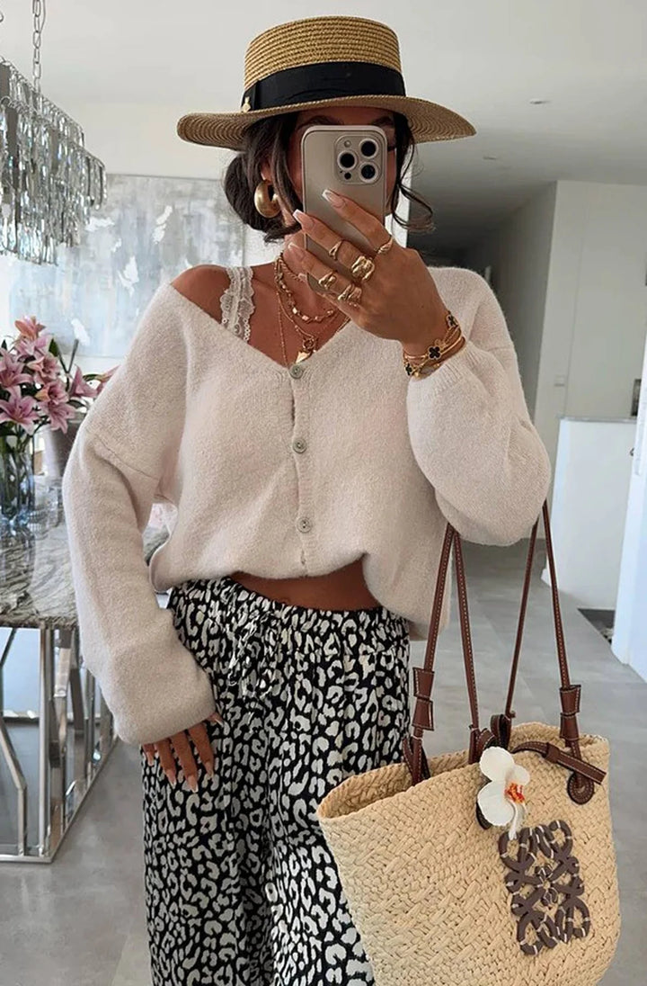 REBECCA LONG SLEEVES LIGHT KNITTED CARDIGAN-CREAM