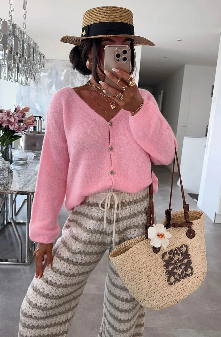 REBECCA LONG SLEEVES LIGHT KNITTED CARDIGAN-PINK