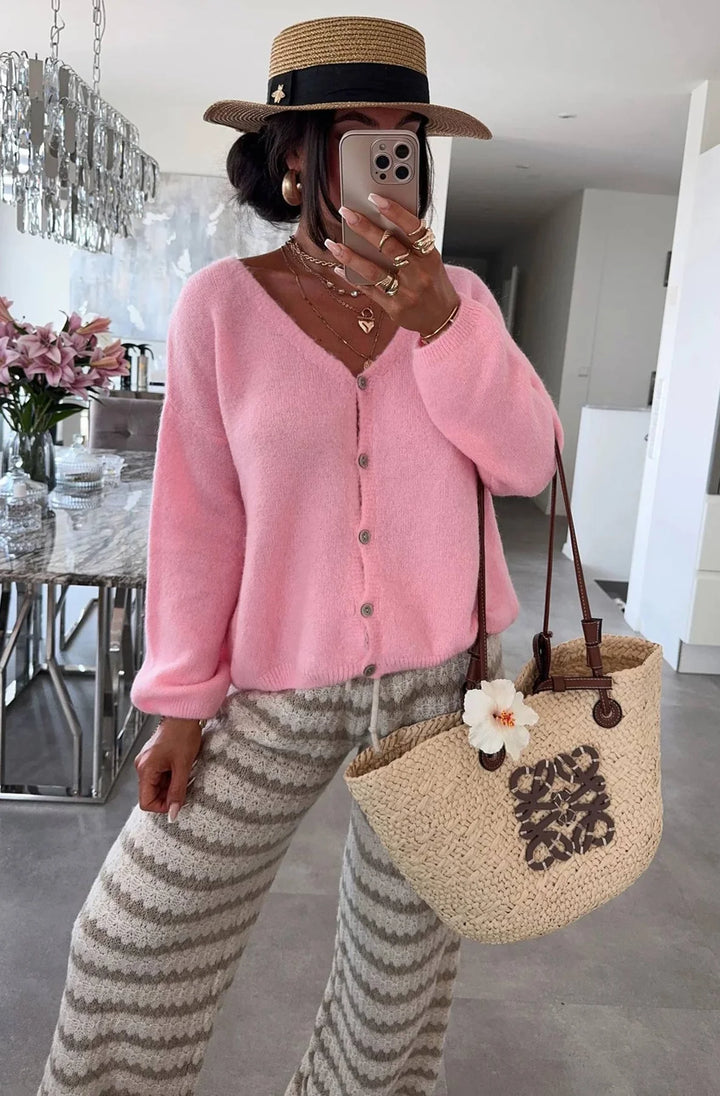 REBECCA LONG SLEEVES LIGHT KNITTED CARDIGAN-PINK