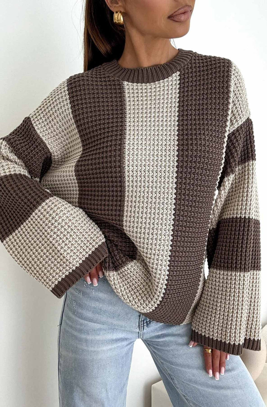 REYANA STRIPED WIDE SLEEVE JUMPER-STONE