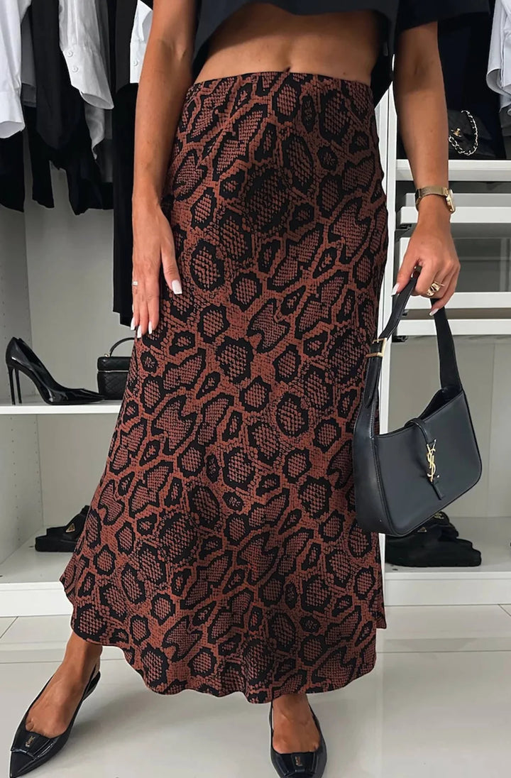 Riva Satin Snake Print Midaxi Skirt-Brown