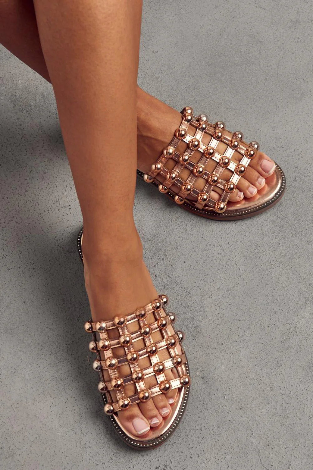 Black PU Studded Caged Slider Sandals