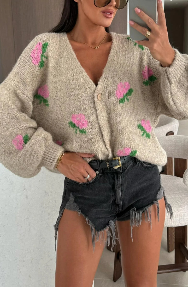 ROZIE FLORAL KNITTED CARDIGAN-STONE