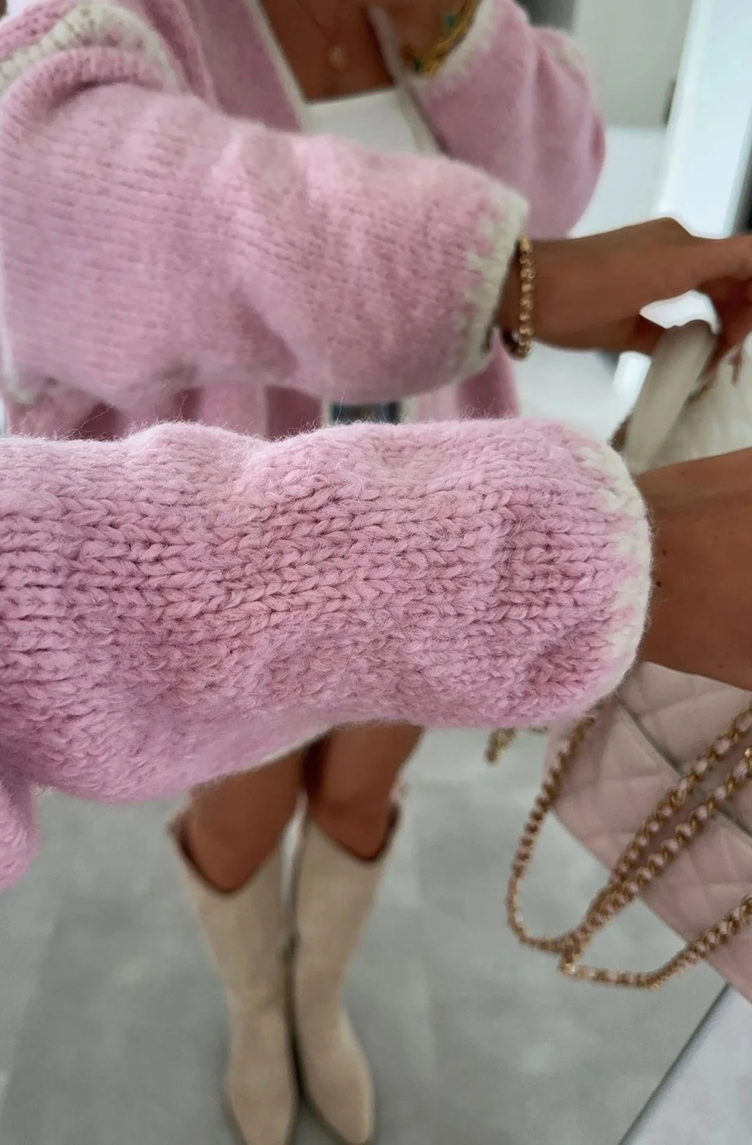 SADIE CONTRAST KNITTED CARDIGAN-PINK