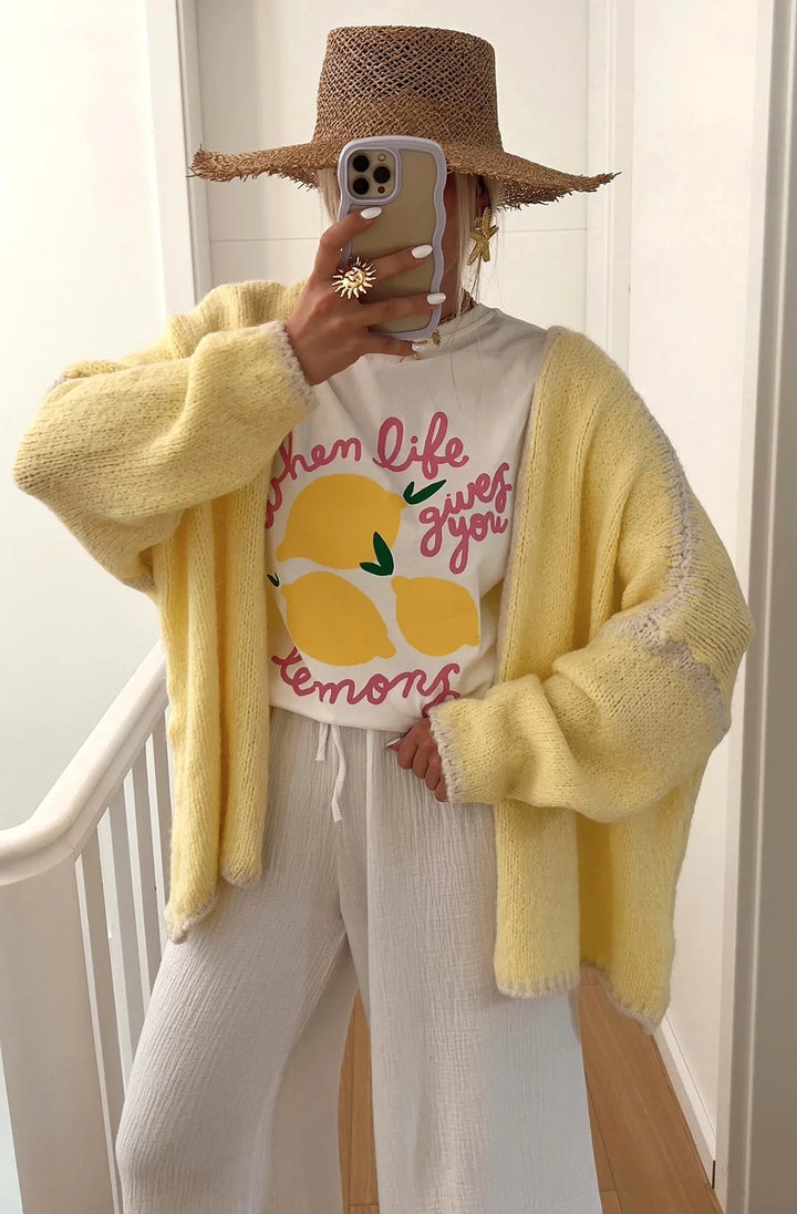 SADIE CONTRAST KNITTED CARDIGAN-YELLOW