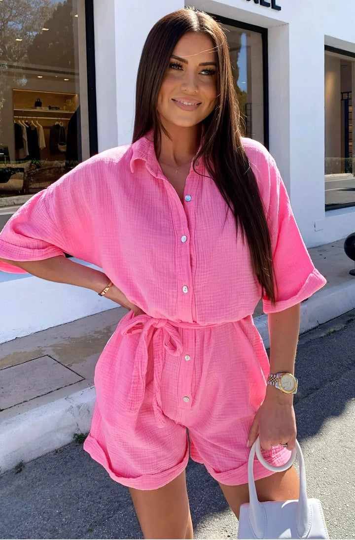 SALLIE BELTED COTTON GAUZE STYLE PLAYSUIT-PINK