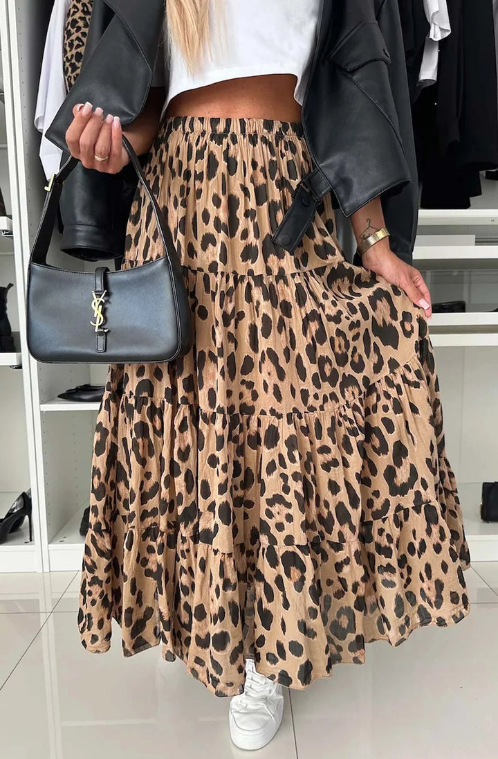 SANDRA LEOPARD PRINT TIERED MAXI SKIRT-BROWN
