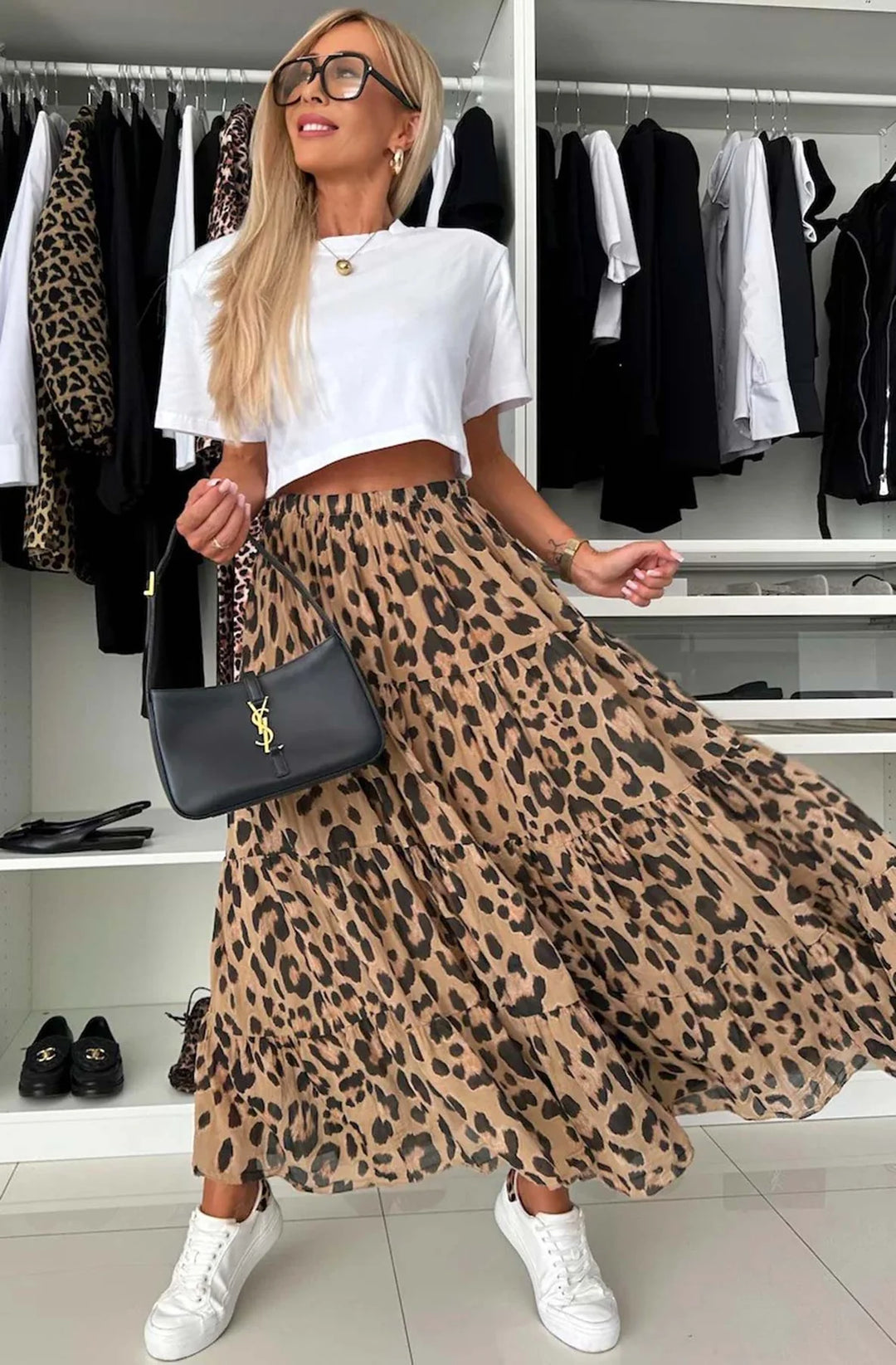SANDRA LEOPARD PRINT TIERED MAXI SKIRT-BROWN