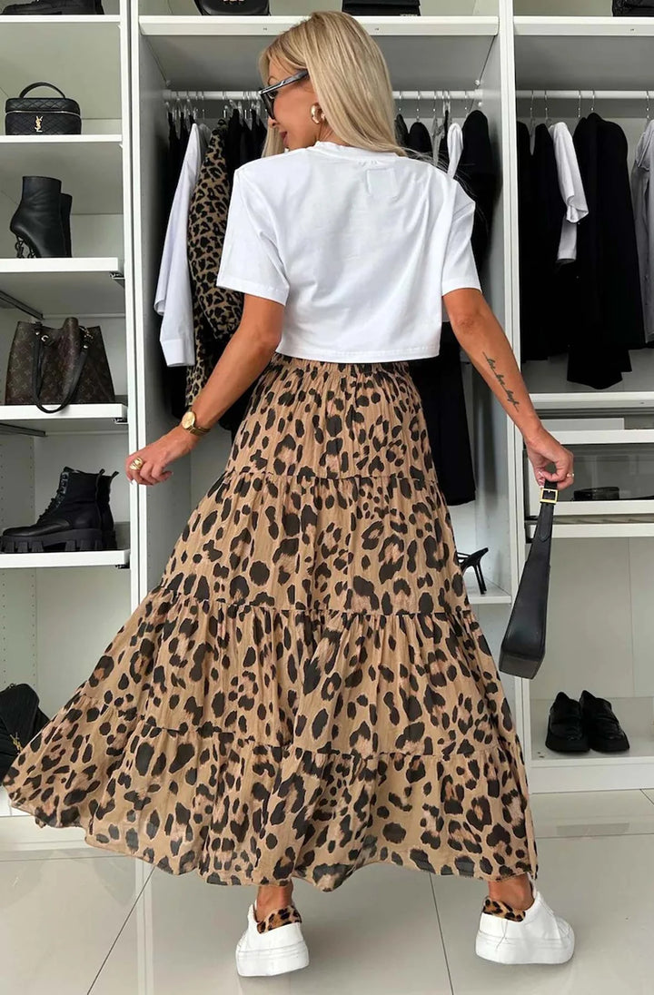 SANDRA LEOPARD PRINT TIERED MAXI SKIRT-BROWN