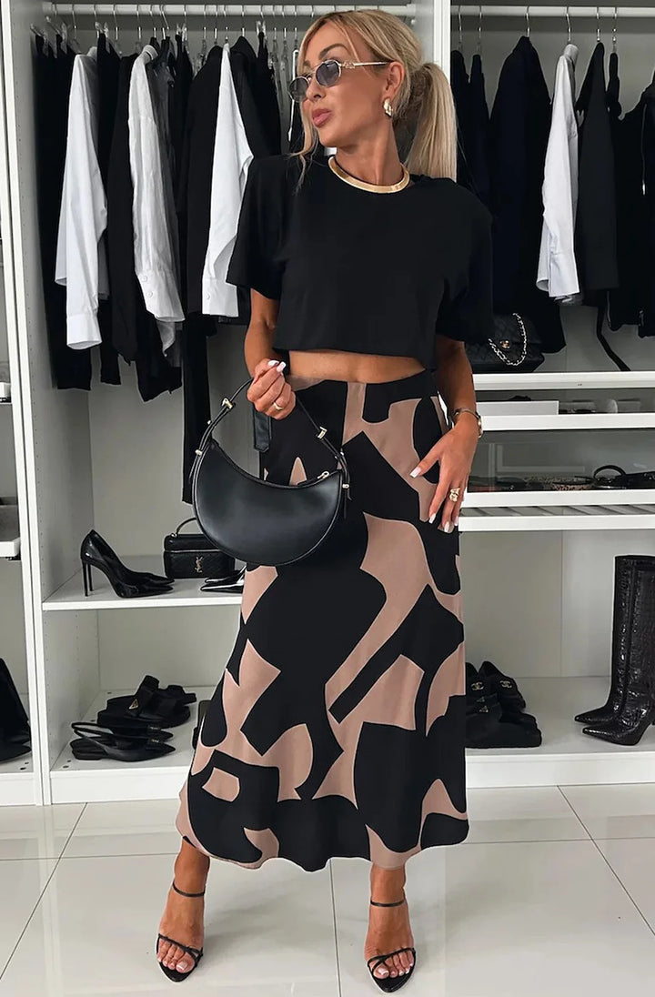 SHARON SATIN PATTERNED MIDAXI SKIRT-BROWN