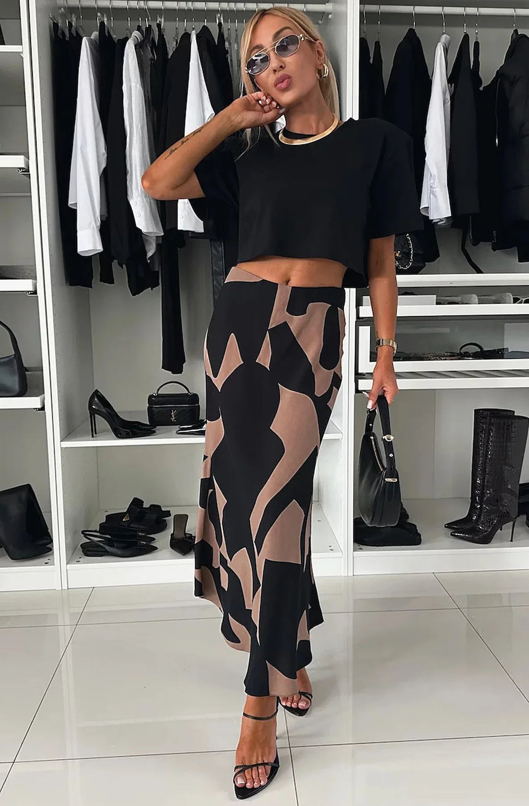 SHARON SATIN PATTERNED MIDAXI SKIRT-BROWN