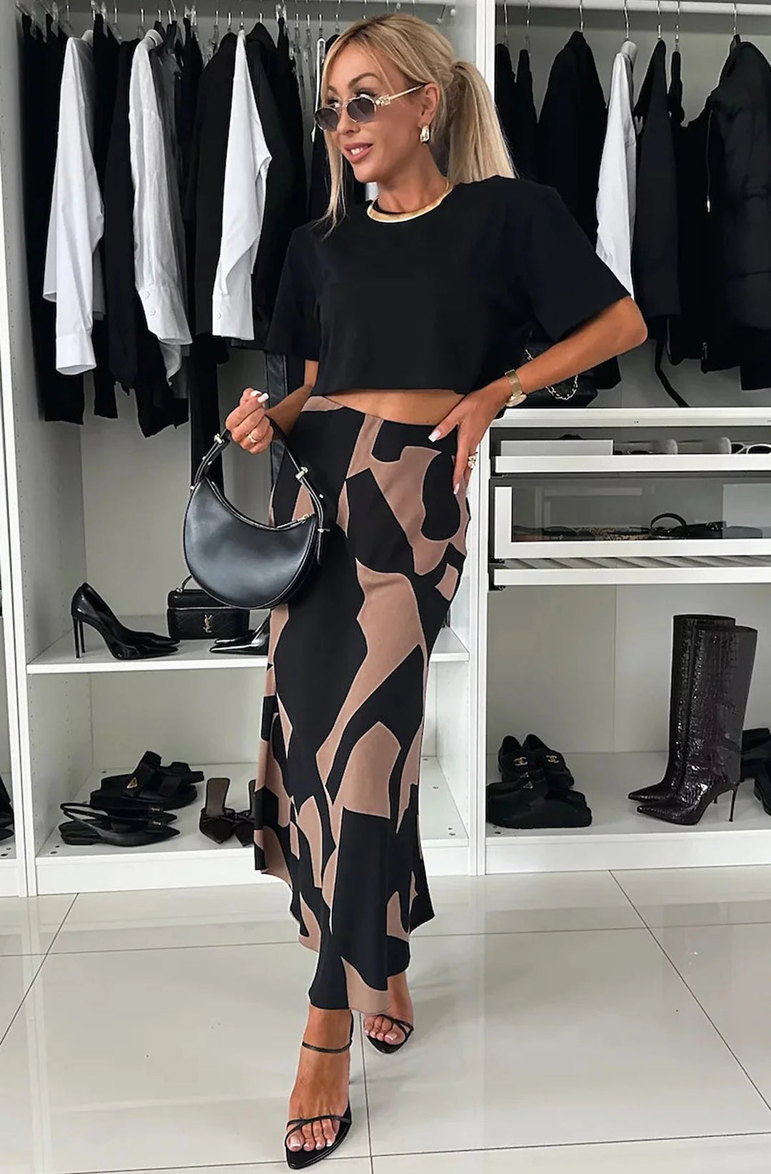 SHARON SATIN PATTERNED MIDAXI SKIRT-BROWN