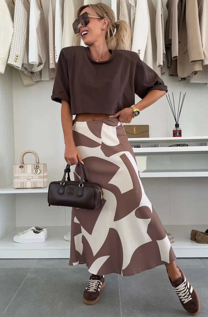 SHARON SATIN PATTERNED MIDAXI SKIRT-DARK BROWN