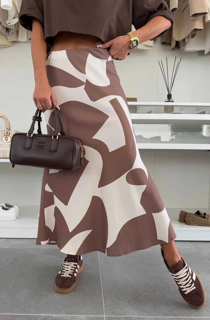 SHARON SATIN PATTERNED MIDAXI SKIRT-DARK BROWN