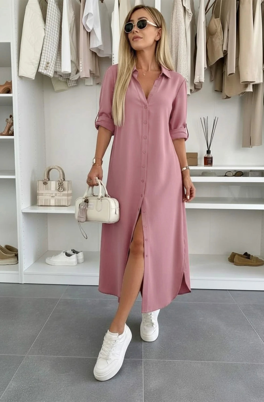 Shazia Oversized Maxi Shirt Dress-Dusty Pink