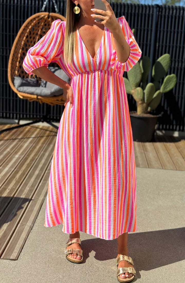 SILVIA STRIPED COTTON GAUZE STYLE MIDAXI DRESS-MULTI