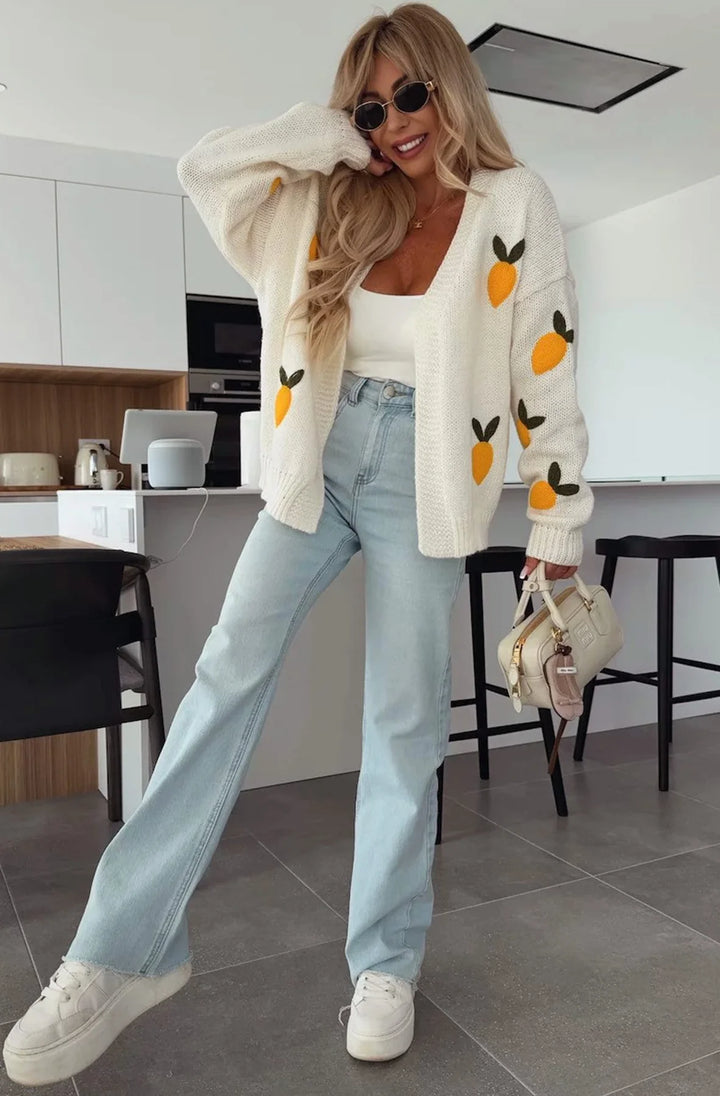 SOFIA 'LEMON' APPLIQUE EMBROIDERED KNITTED CARDIGAN-IVORY