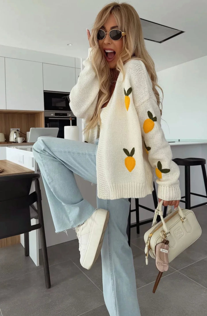 SOFIA 'LEMON' APPLIQUE EMBROIDERED KNITTED CARDIGAN-IVORY