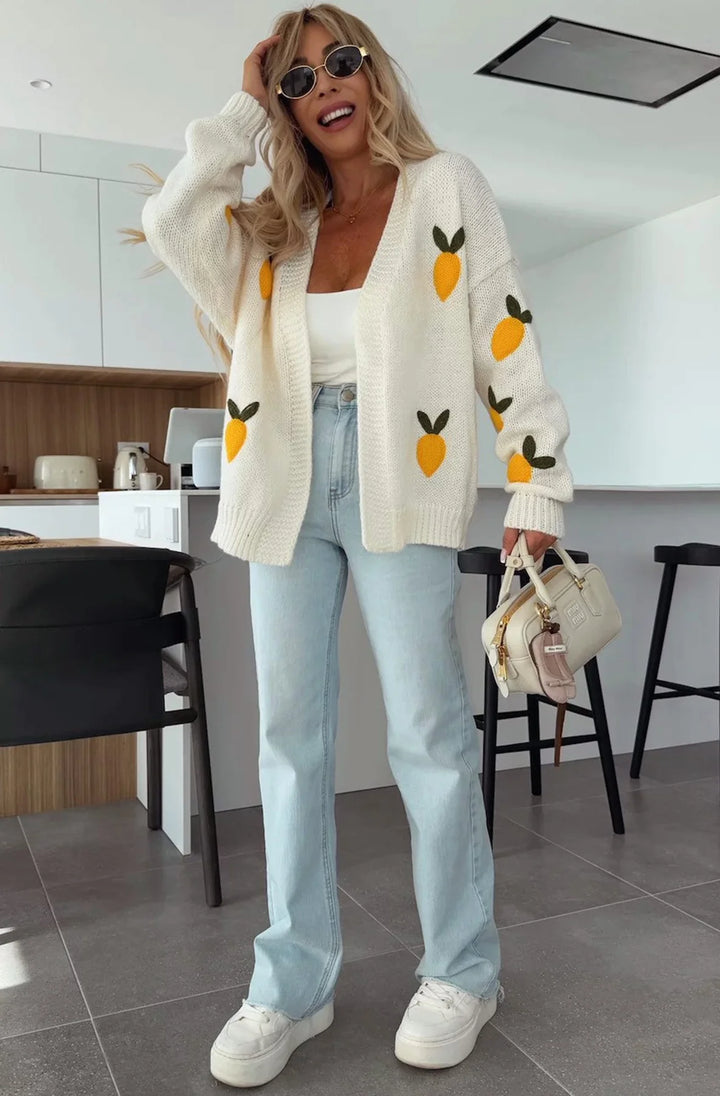 SOFIA 'LEMON' APPLIQUE EMBROIDERED KNITTED CARDIGAN-IVORY