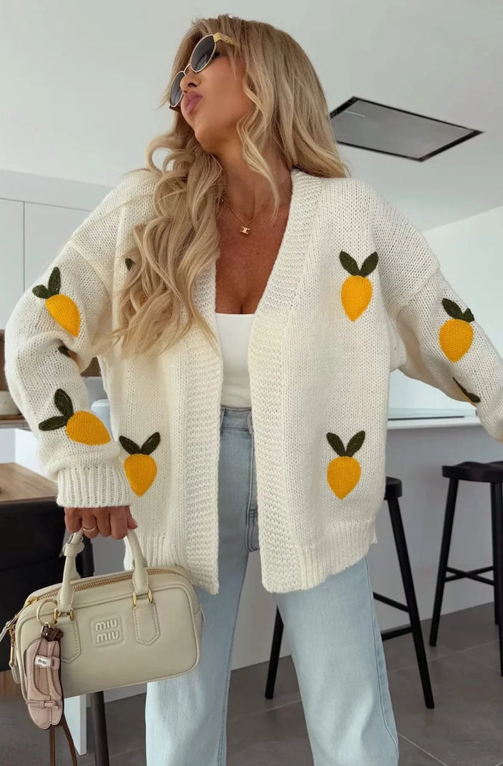 SOFIA 'LEMON' APPLIQUE EMBROIDERED KNITTED CARDIGAN-IVORY