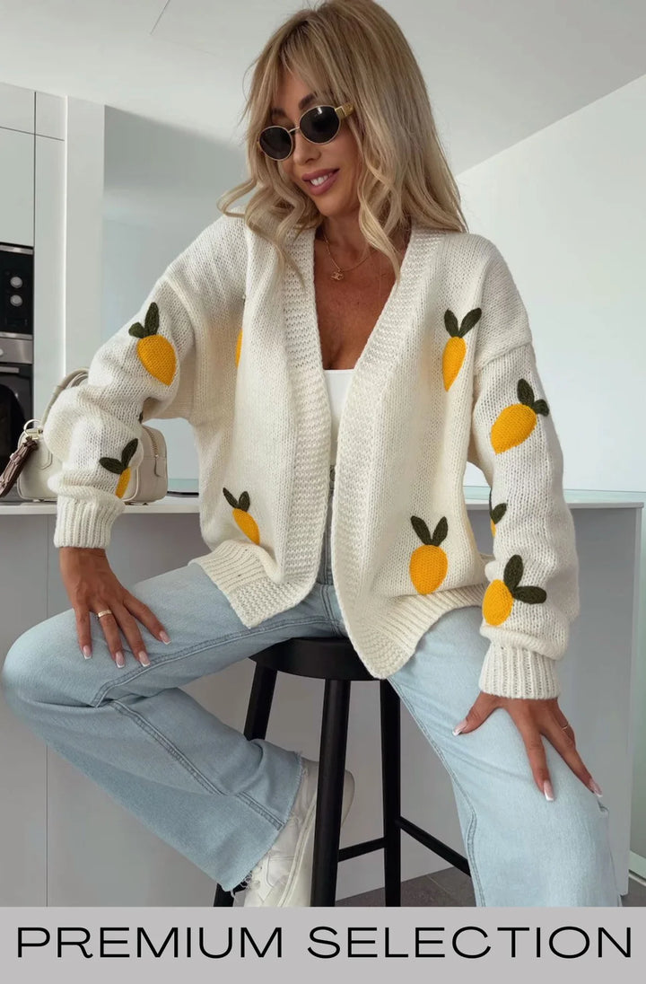SOFIA 'LEMON' APPLIQUE EMBROIDERED KNITTED CARDIGAN-IVORY