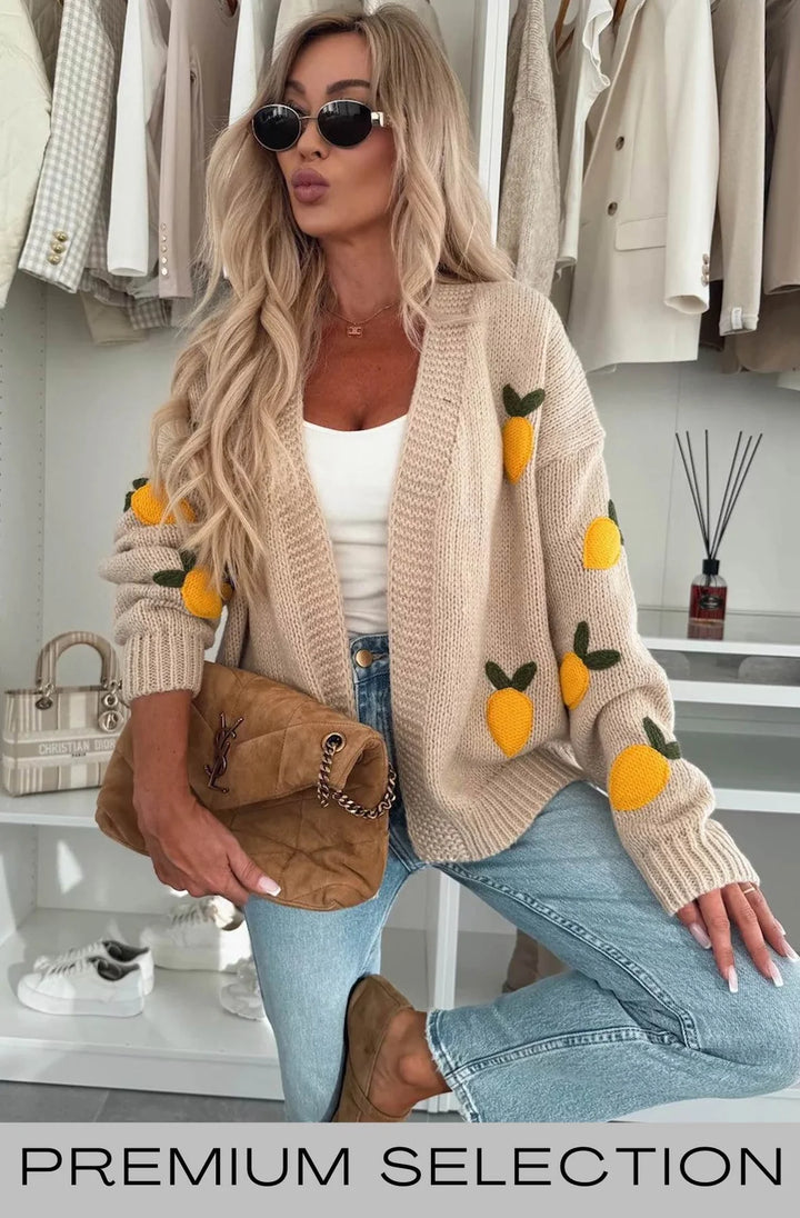 SOFIA 'LEMON' APPLIQUE EMBROIDERED KNITTED CARDIGAN-STONE