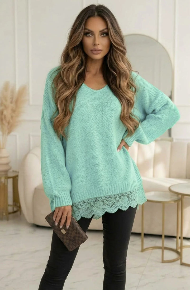 Sola Oversized V Neck Lace Hem Knitted Sweater Jumper-Mint