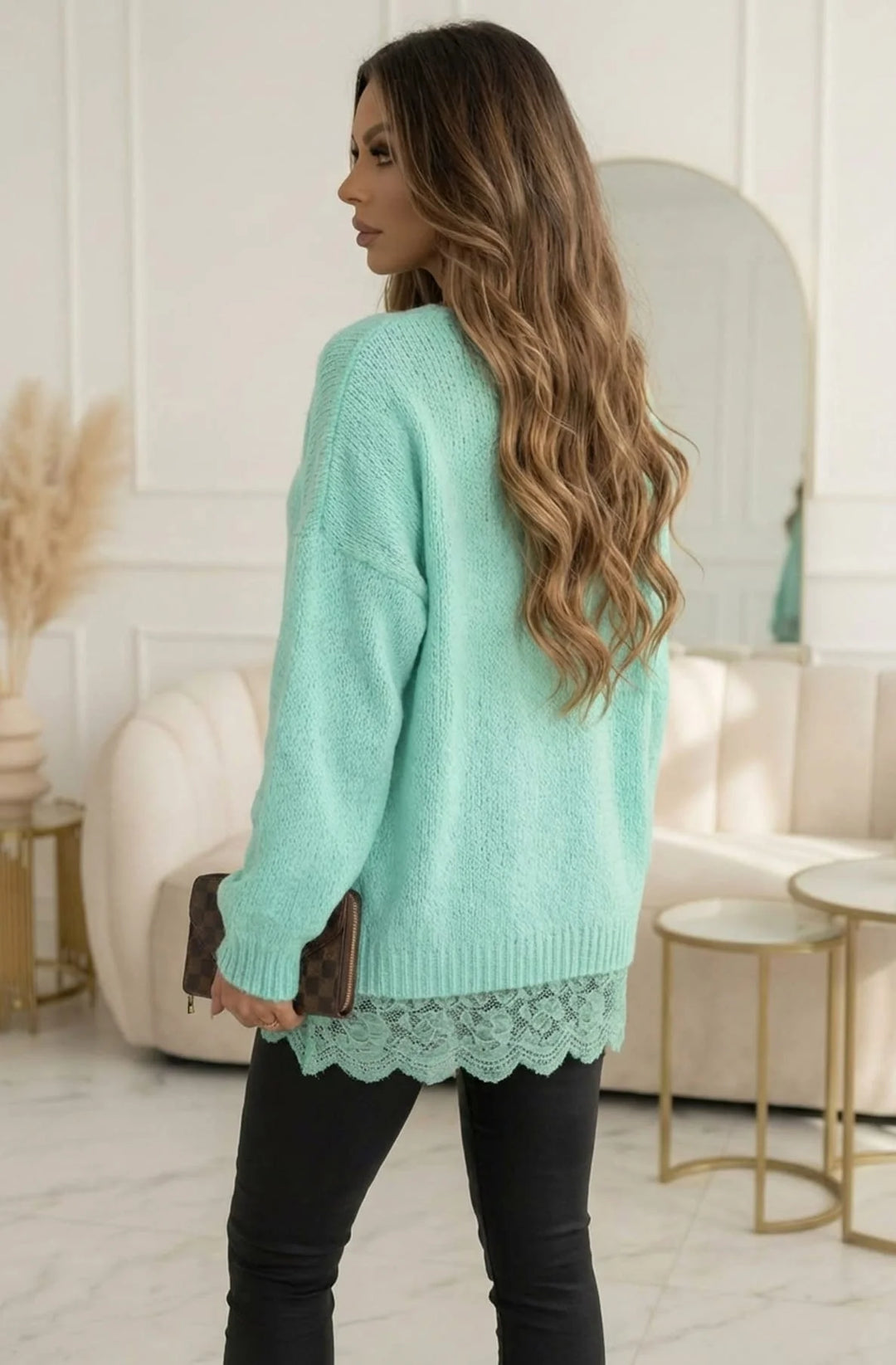 Sola Oversized V Neck Lace Hem Knitted Sweater Jumper-Mint