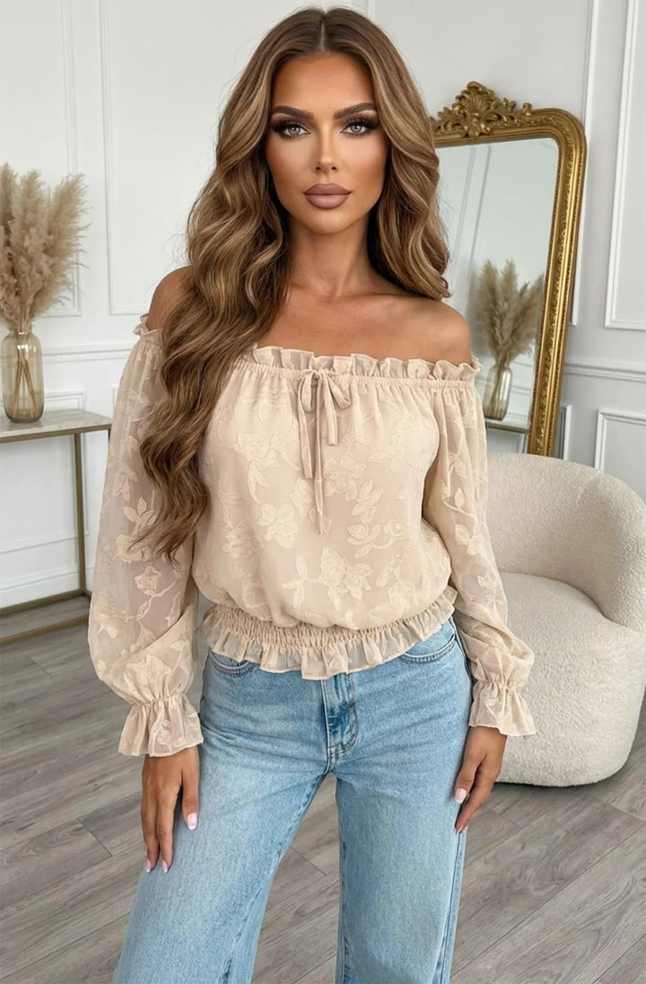 Soleil Floral Textured Bardot Off Shoulder Blouse Top-Stone
