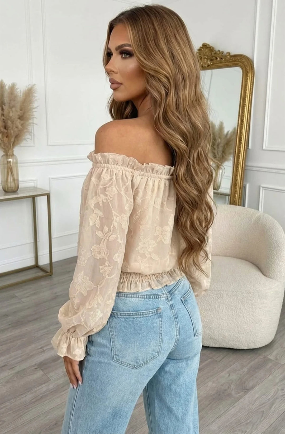 Soleil Floral Textured Bardot Off Shoulder Blouse Top-Stone